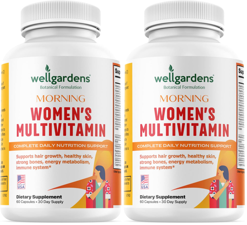 Wellgardens 100 percent Pure Womens Multivitamin bottle front showing compact capsule packaging for daily energy support