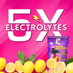 Wellgenix Hydrate48 powder and scoop demonstrate quick, easy mix for on-the-go hydration.