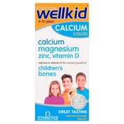 Wellkid Calcium Liquid bottle showing kid-friendly calcium supplement for growing bones.