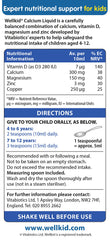 Wellkid Calcium Liquid ingredient list highlighting calcium, magnesium, zinc and vitamin D.
