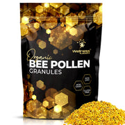 WellnessLabsRx Bee Pollen Granules bottle on kitchen shelf showing product in use and potential energy support