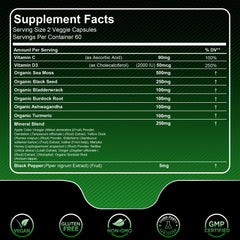 Closeup of Wellness LabsRx Irish Sea Moss Capsules bottle highlights the 17-in-1 blend.