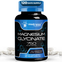 Wellness LabsRx magnesium glycinate bottle highlighting high-absorption capsules for calm support.