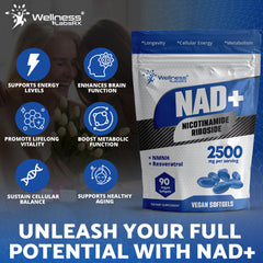 Wellness LabsRx NAD+ and resveratrol blend on label promoting energy and focus