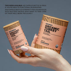 Wellnest Store turkey tail capsule close-up with label emphasizing organic quality