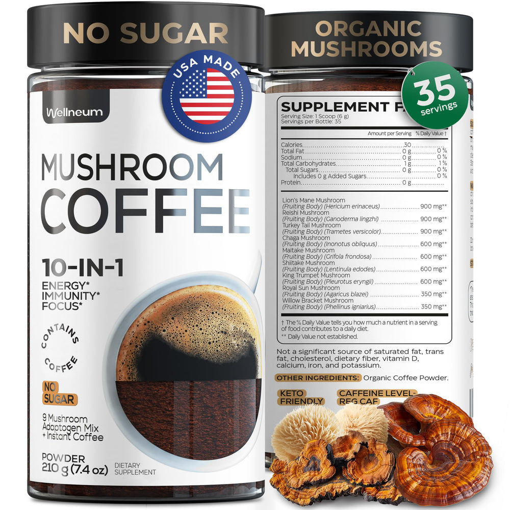 Wellneum Mushroom Coffee bottle front for quick daily energy