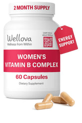 Wellova Women's Vitamin B Complex bottle front for daily energy support.