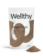 Wellthy Collagen Superfood Powder cacao swirl enhances flavor and daily energy