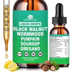 WellVeraVida liposomal wormwood bottle shows organic 9-in-1 blend for gut support.