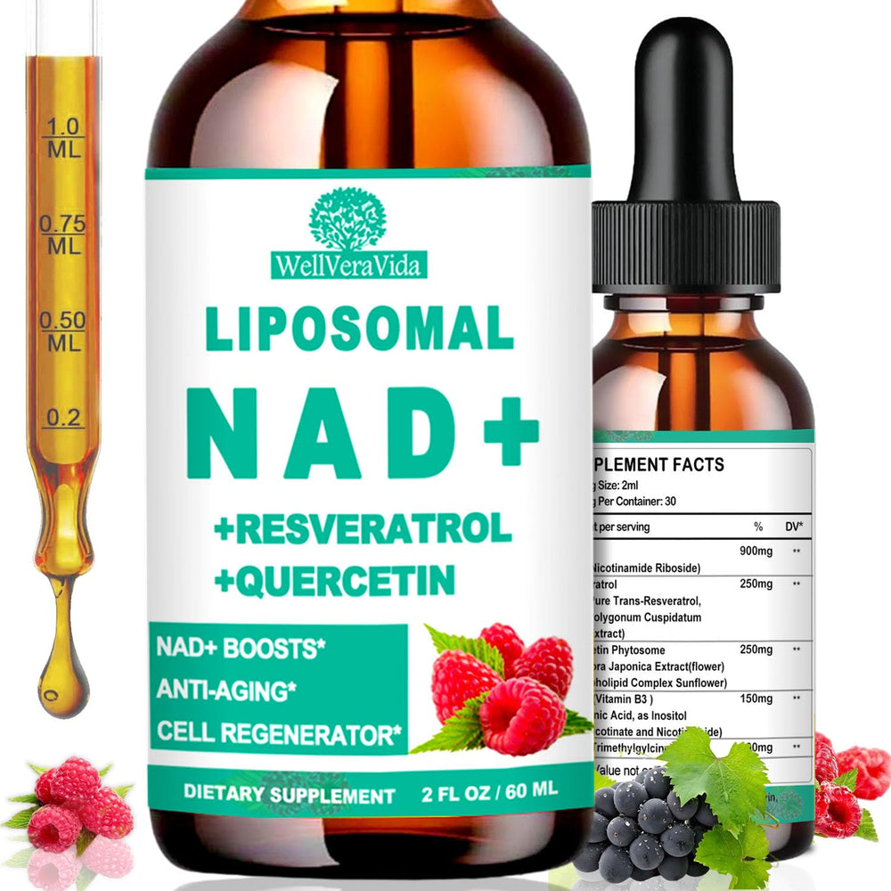 WellVeraVida NAD drops bottle label showcases liposomal delivery for enhanced absorption.
