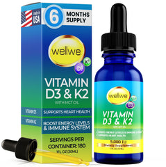 wellwe vitamin d3 k2 liquid drops bottle with dropper for daily use.