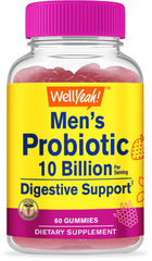 WellYeah Probiotic Gummies for Men bottle shows 10B CFUs for digestive balance.