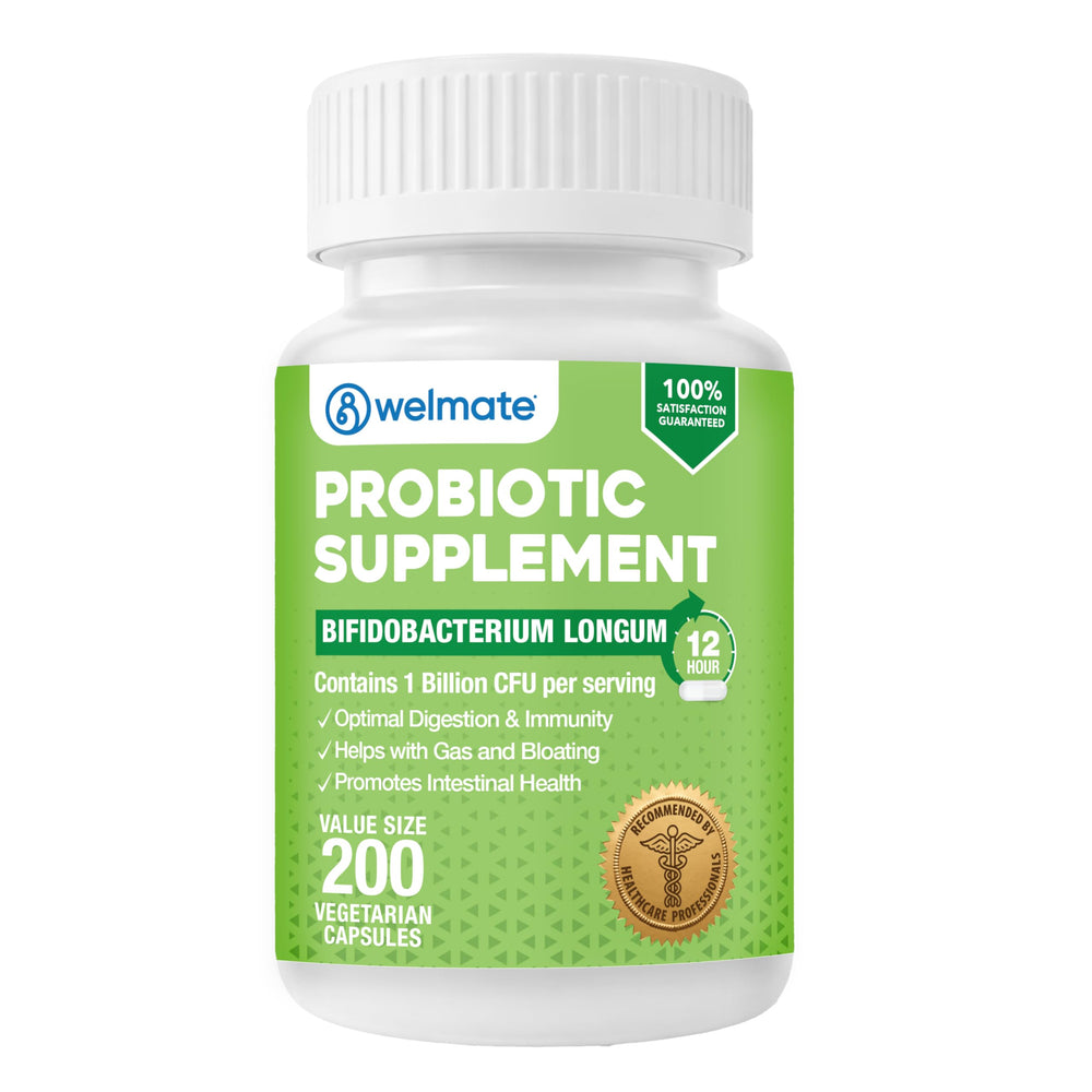 WELMATE Bifidobacterium bottle shows vegan probiotic packaging for daily gut support.