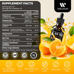 Welvium Drops bottle close-up highlighting the D3 K2 ADK minerals for bone support.