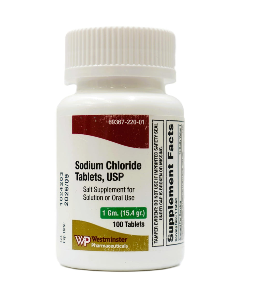 Westminster Pharmaceuticals sodium chloride tablets 1g bottle front view for isotonic solution prep
