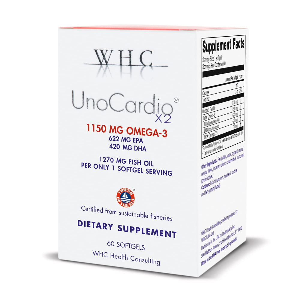 WHC UnoCardio X2 bottle with softgels for daily omega-3 support