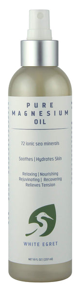 White Egret Oil Magnesium Pure 8oz bottle for calming self-care rituals.