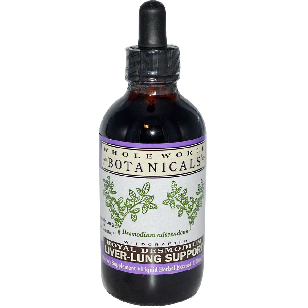 Whole World Botanicals Liver Lung Support Royal Desmodium bottle promotes liver and bronchial support.
