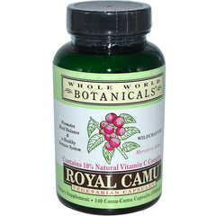 Whole World Botanicals Royal Camu bottle, premium packaging for mood and immune support.