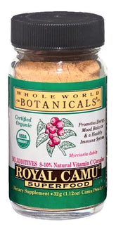 Whole World Botanicals Royal Camu bottle with pure, additive-free powder for immune-supporting smoothies.
