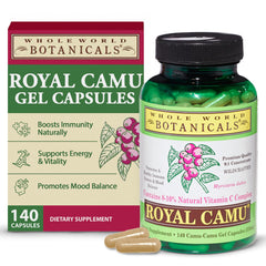 Whole World Botanicals Royal Camu Dark capsules close-up for immune support potential