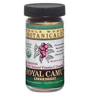 Whole World Botanicals Royal Camu Dark Powder in a glass jar preserves natural vitamin C freshness.