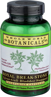 Whole World Botanicals Royal Chanca Piedra bottle with 120 vegetarian capsules for kidney and liver support.