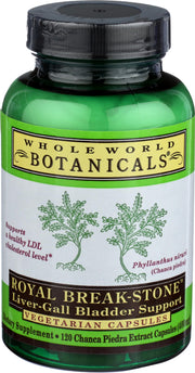 Whole World Botanicals Royal Chanca Piedra bottle with 120 vegetarian capsules for kidney and liver support.