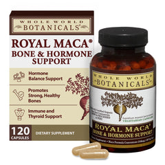 Whole World Botanicals Royal Maca Bone bottle for daily hormonal balance.