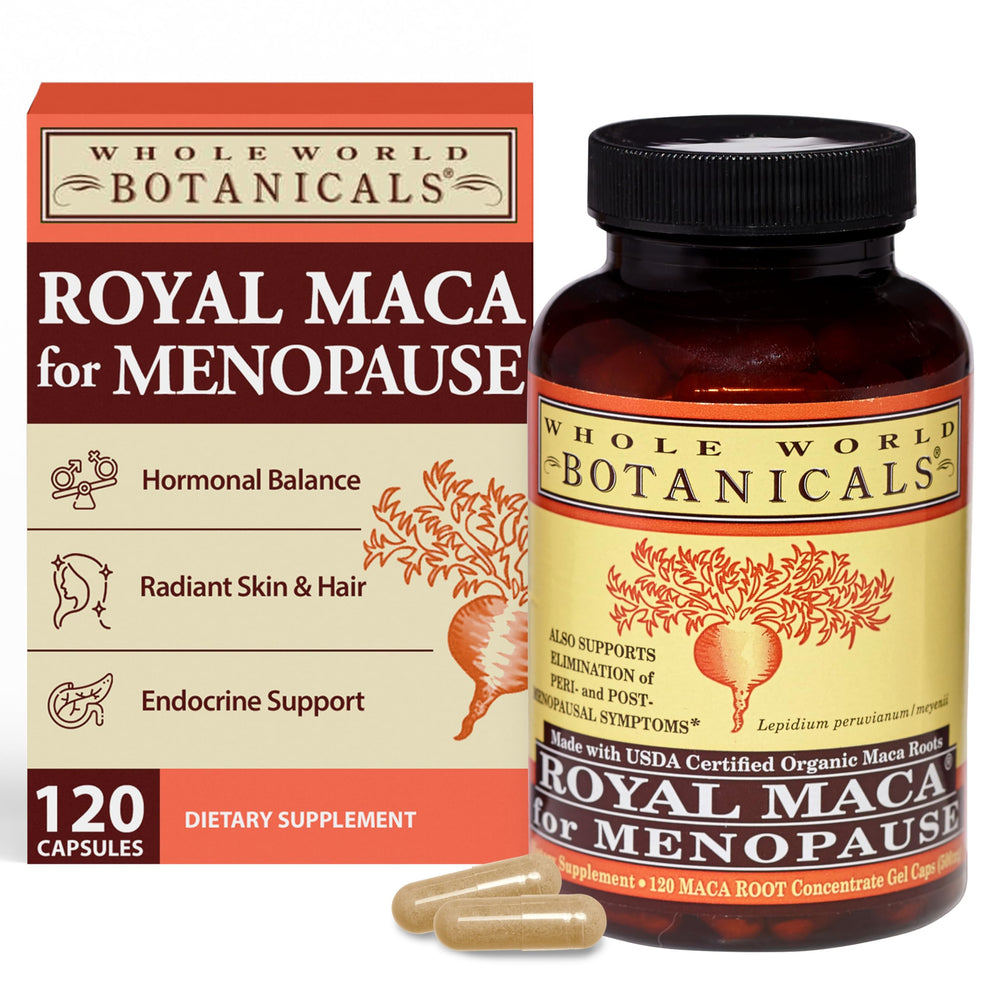 Whole World Botanicals Royal Maca bottle for daily menopause support and endocrine balance.