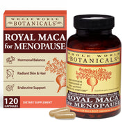 Whole World Botanicals Royal Maca bottle for daily menopause support and endocrine balance.