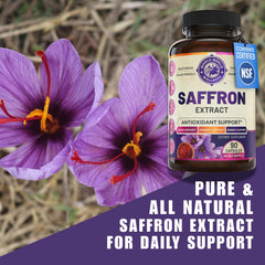 WHOLE WORLD WELLNESS saffron bottle being poured suggests easy daily intake.