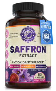 WHOLE WORLD WELLNESS saffron extract bottle promotes mood and focus.