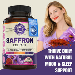 WHOLE WORLD WELLNESS saffron extract label signals premium NSF-certified quality.