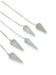 Wholesale Gem Shop selenite pendulum side view with hexagon facet.