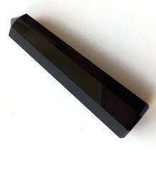 Wholesale Gem Shop black agate obelisk 70mm top-view shows pyramid tip for aesthetic display