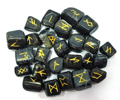WholesaleGemShop Black Tourmaline Rune Set with velvet bag for meditation and focus