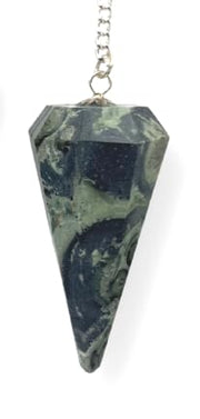 Wholesale Gem Shop Kambaba Jasper Pendulum closeup shows lush green swirls for focused meditation.