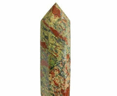 WholesaleGemShop Unakite Obelisk Tower 3 inch closeup reveals natural color patterns for mindful energy