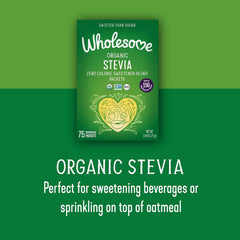 Wholesome Stevia closeup label highlights organic ingredients for daily use.