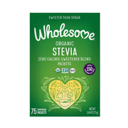 Wholesome Stevia 75-pack packaging shows convenient sachets for on-the-go sweetening.
