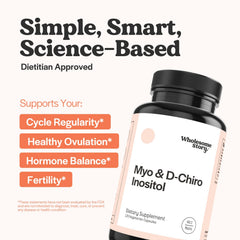 Wholesome Story 40:1 ratio visual shows Myo-Inositol and D-Chiro-Inositol proportions for balance.
