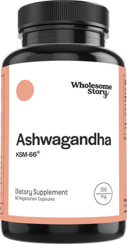 Wholesome Story vegan KSM-66 Ashwagandha capsules on front bottle showing stress support potential.