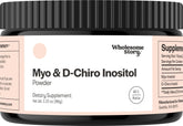 Wholesome Story Myo-Inositol and D-Chiro Inositol powder bottle for easy daily use for hormonal balance.