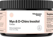 Wholesome Story Myo-Inositol and D-Chiro Inositol powder bottle for easy daily use for hormonal balance.