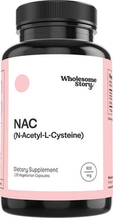 Wholesome Story NAC 600 mg bottle pour showing capsule release for daily antioxidant support