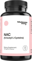 Wholesome Story NAC 600 mg bottle pour showing capsule release for daily antioxidant support