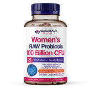 Wholesome Wellness bottle of Dr. Formulated Raw Probiotics for women supports gut balance.