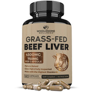 Wholesome Wellness grass-fed beef liver capsules packshot showing hormone-free source