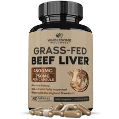 Wholesome Wellness grass-fed beef liver capsules packshot showing hormone-free source